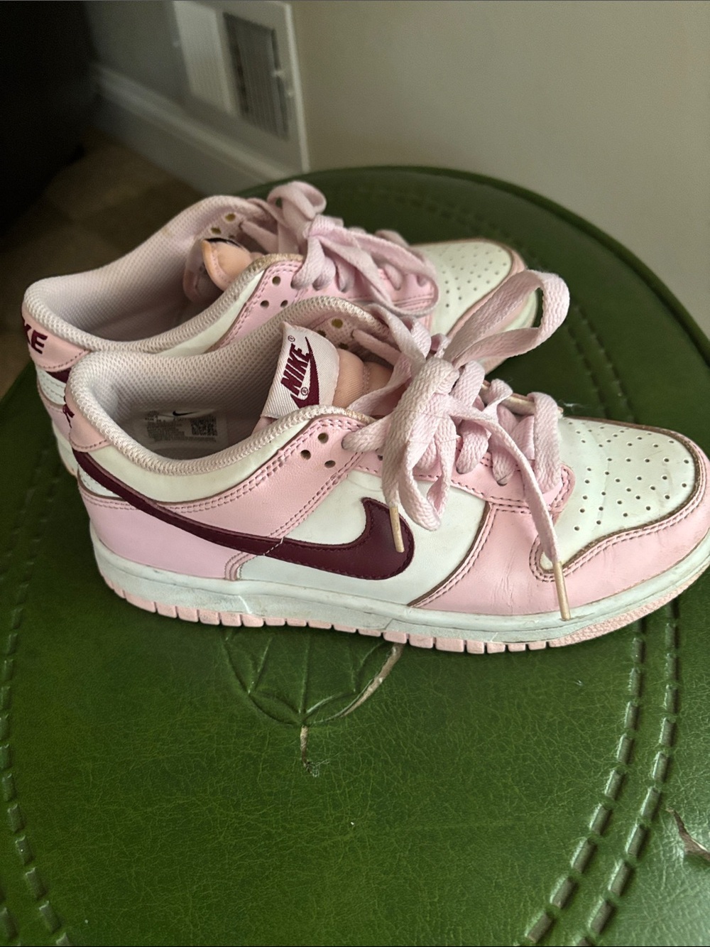Nike Women’s Low-Top Sneakers in Light Pink, White & Maroon Swoosh